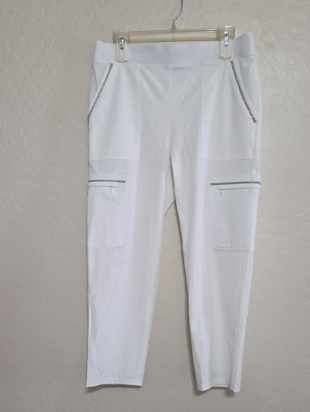 Chico's White Ankle Cargo Pants with Zip Trim